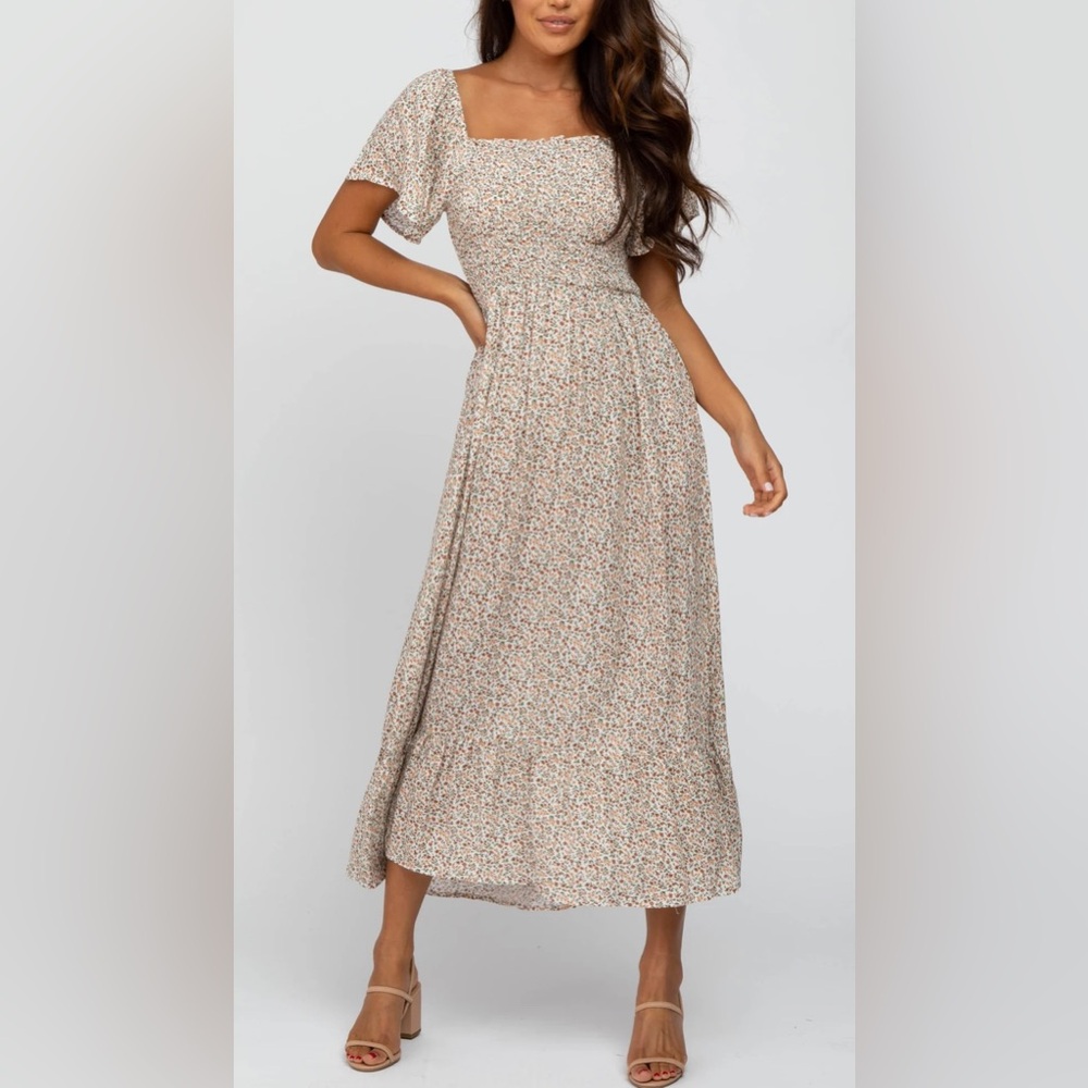 Pinkblush Ivory Floral Smocked maternity / bump friendly maxi